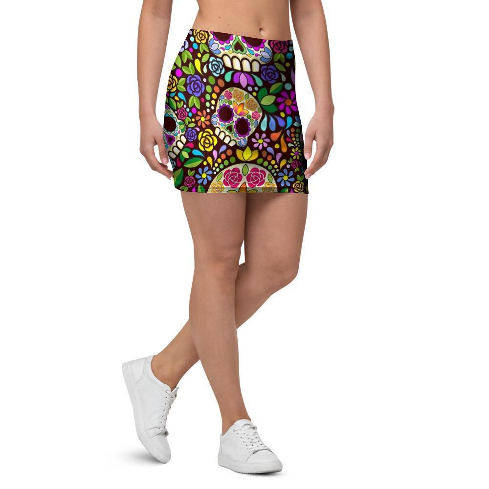 Sugar Skull Mexican Floral Mini Skirt-grizzshop