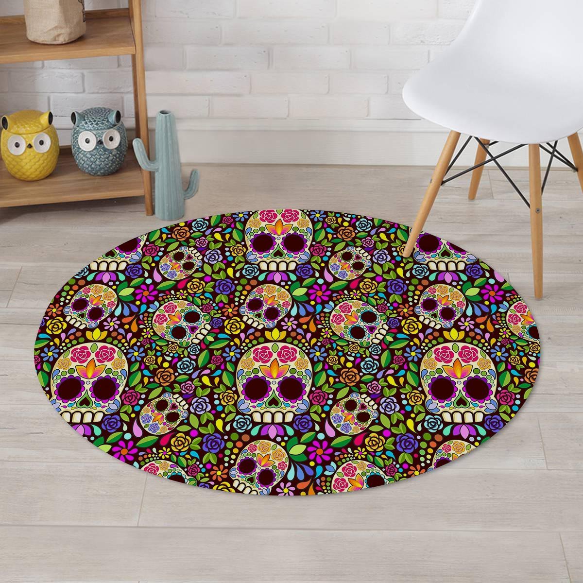 Sugar Skull Mexican Floral Round Rug-grizzshop