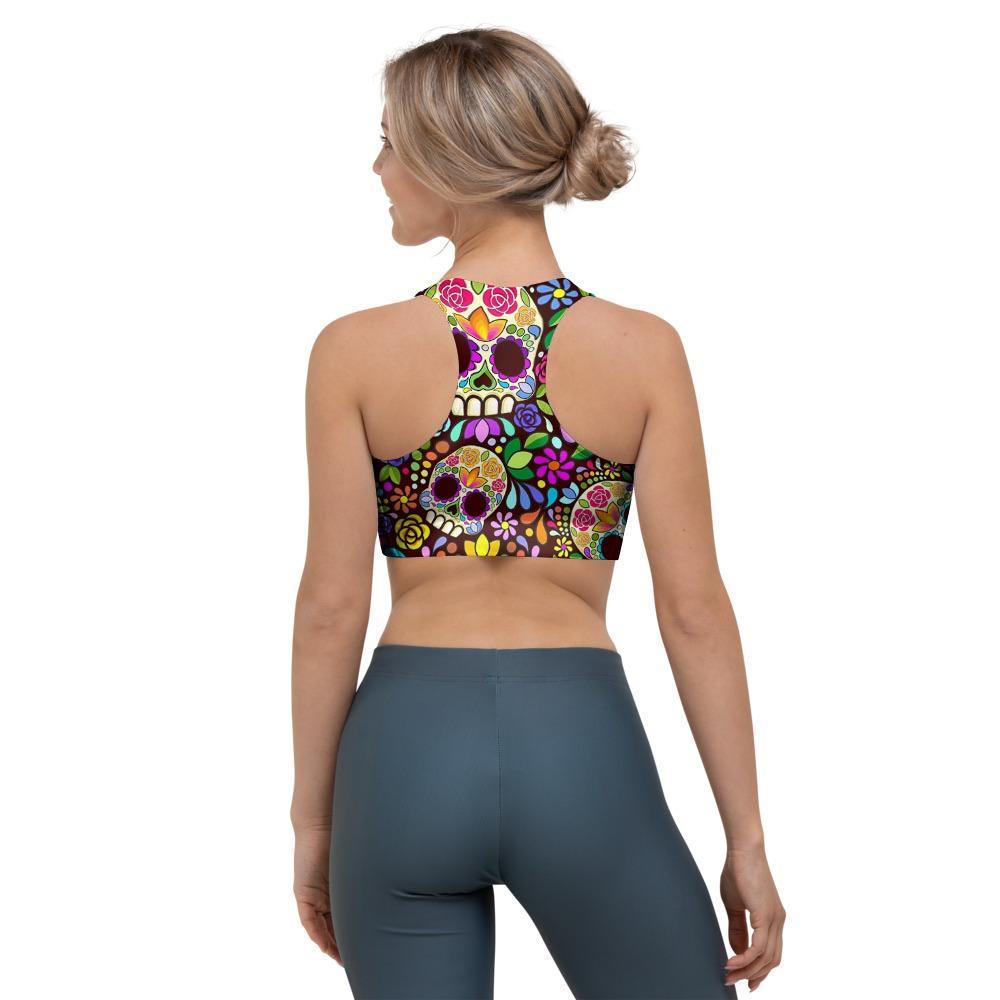 Sugar Skull Mexican Floral Sports Bra-grizzshop