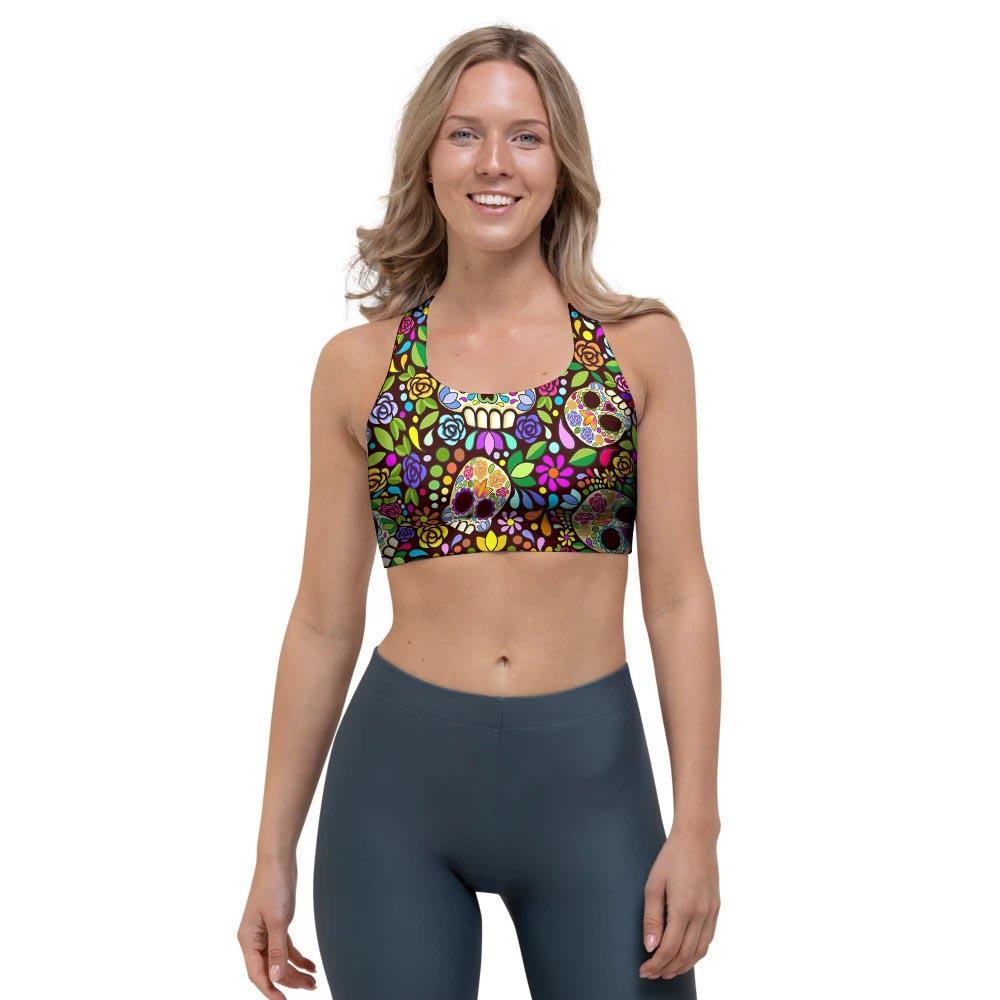 Sugar Skull Mexican Floral Sports Bra-grizzshop