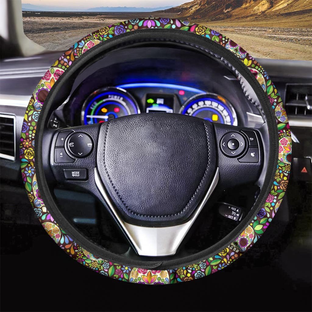 Sugar Skull Mexican Floral Steering Wheel Cover-grizzshop