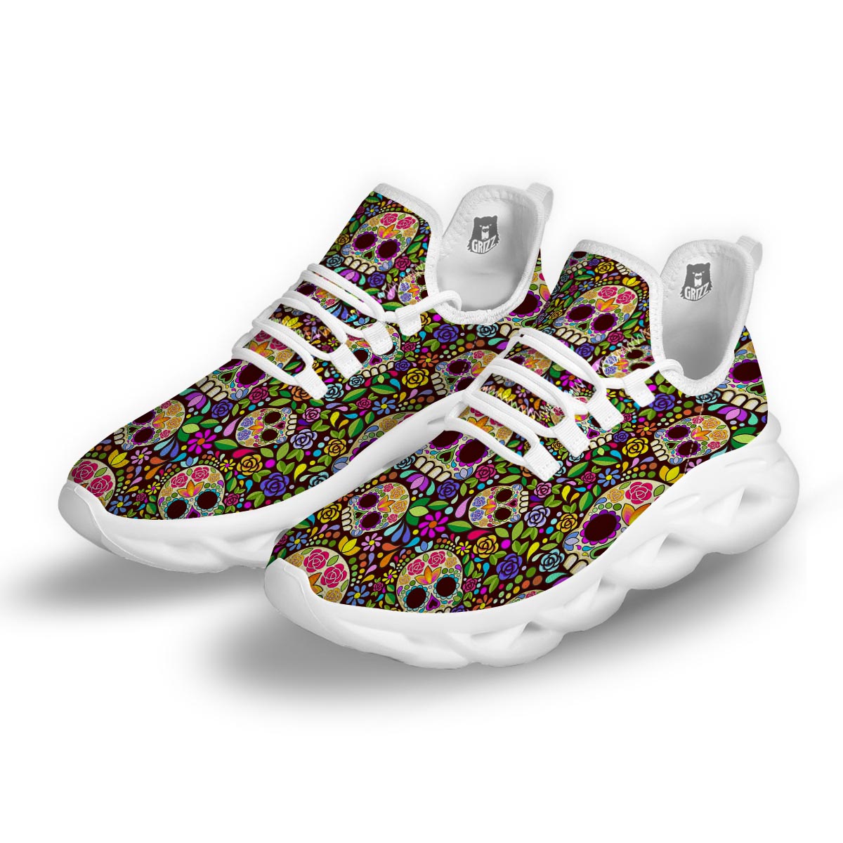 Sugar Skull Mexican Floral White Running Shoes-grizzshop