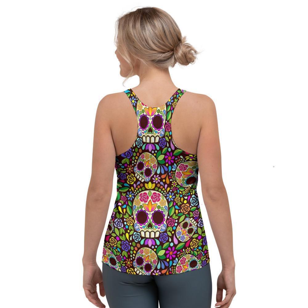 Sugar Skull Mexican Floral Women's Racerback Tank Top-grizzshop