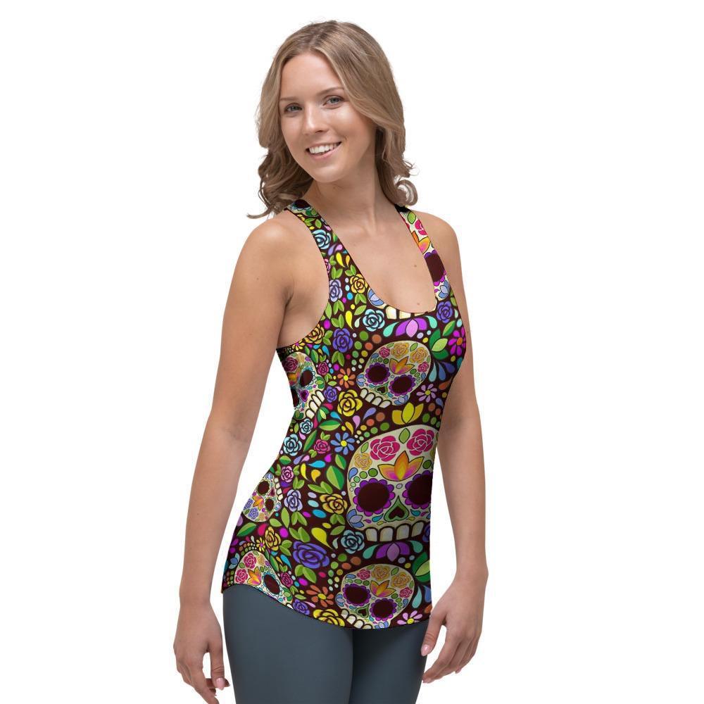 Sugar Skull Mexican Floral Women's Racerback Tank Top-grizzshop