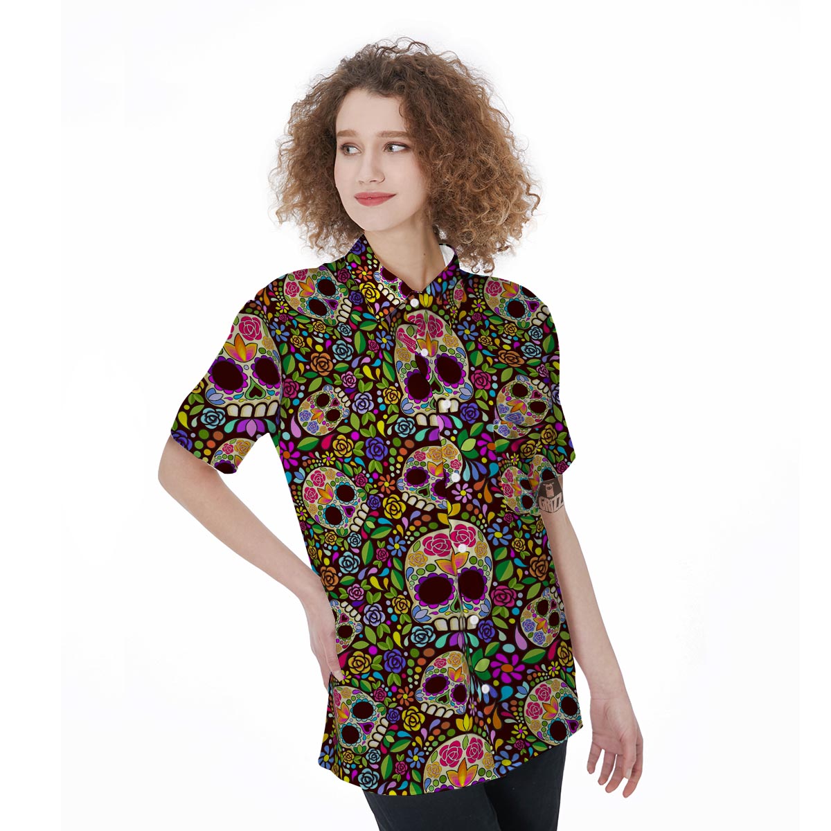 Sugar Skull Mexican Floral Women's Short Sleeve Shirts-grizzshop