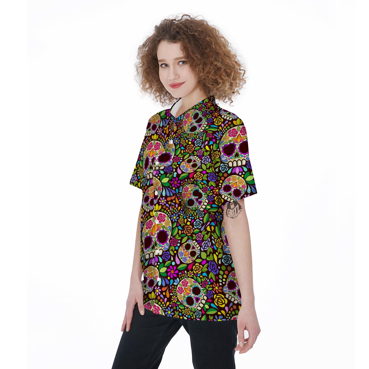 Sugar Skull Mexican Floral Women's Short Sleeve Shirts-grizzshop