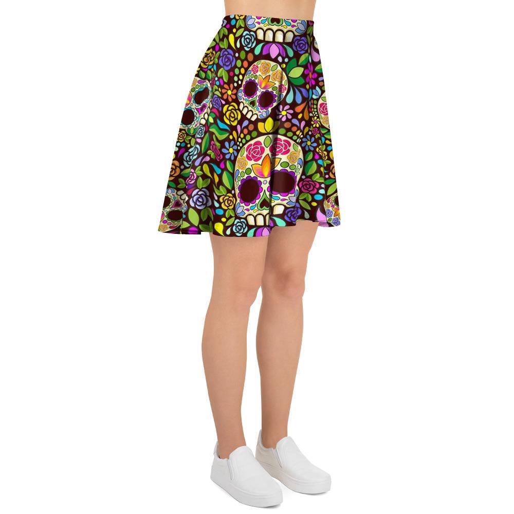 Sugar Skull Mexican Floral Women's Skirt-grizzshop