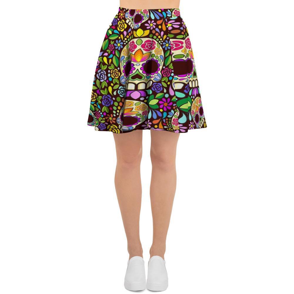 Sugar Skull Mexican Floral Women's Skirt-grizzshop