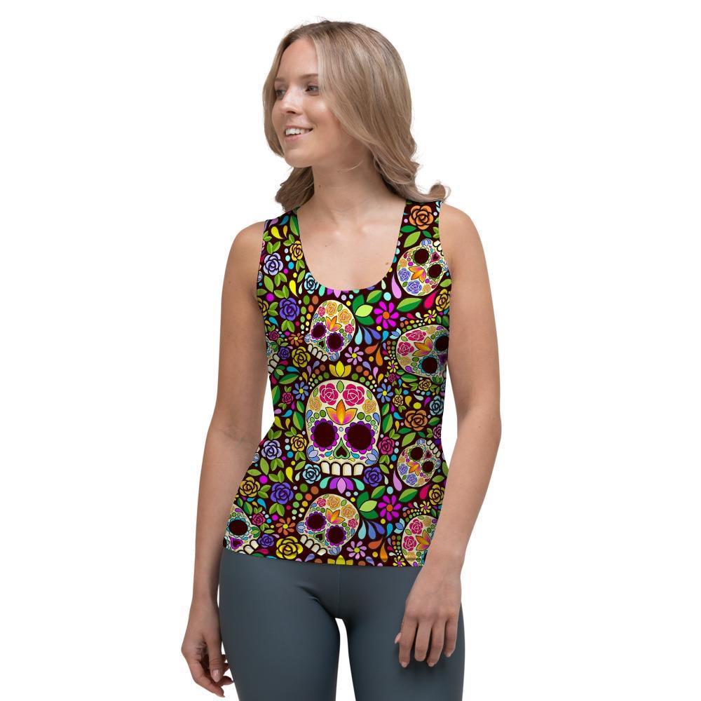 Sugar Skull Mexican Floral Women's Tank Top-grizzshop