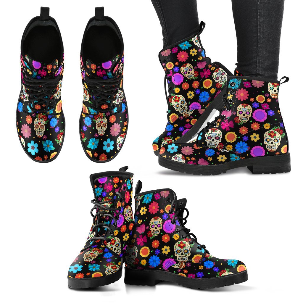 Sugar Skull Party Vegan Leather Boots for Women-grizzshop