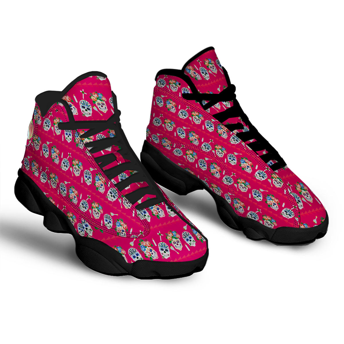 Sugar Skull Pink Print Pattern Black Basketball Shoes-grizzshop