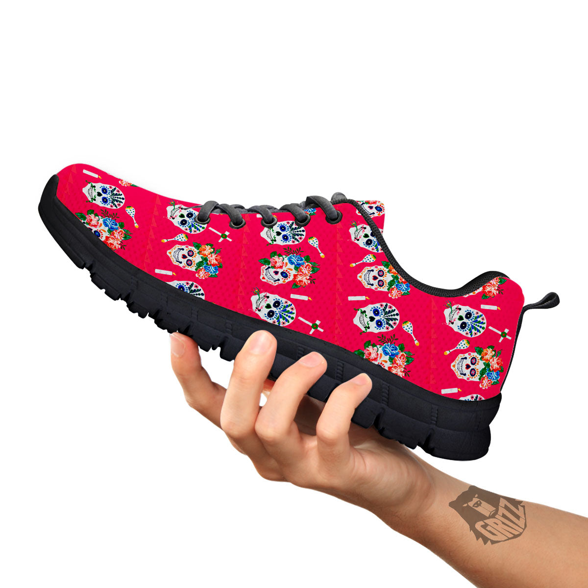 Sugar Skull Pink Print Pattern Black Sneaker-grizzshop