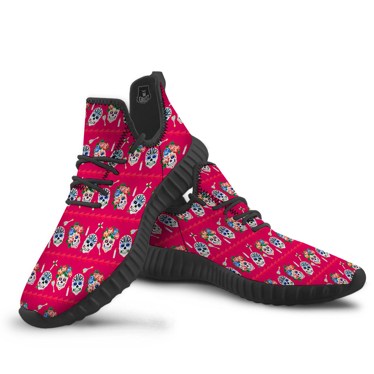 Sugar Skull Pink Print Pattern Black Walking Shoes-grizzshop