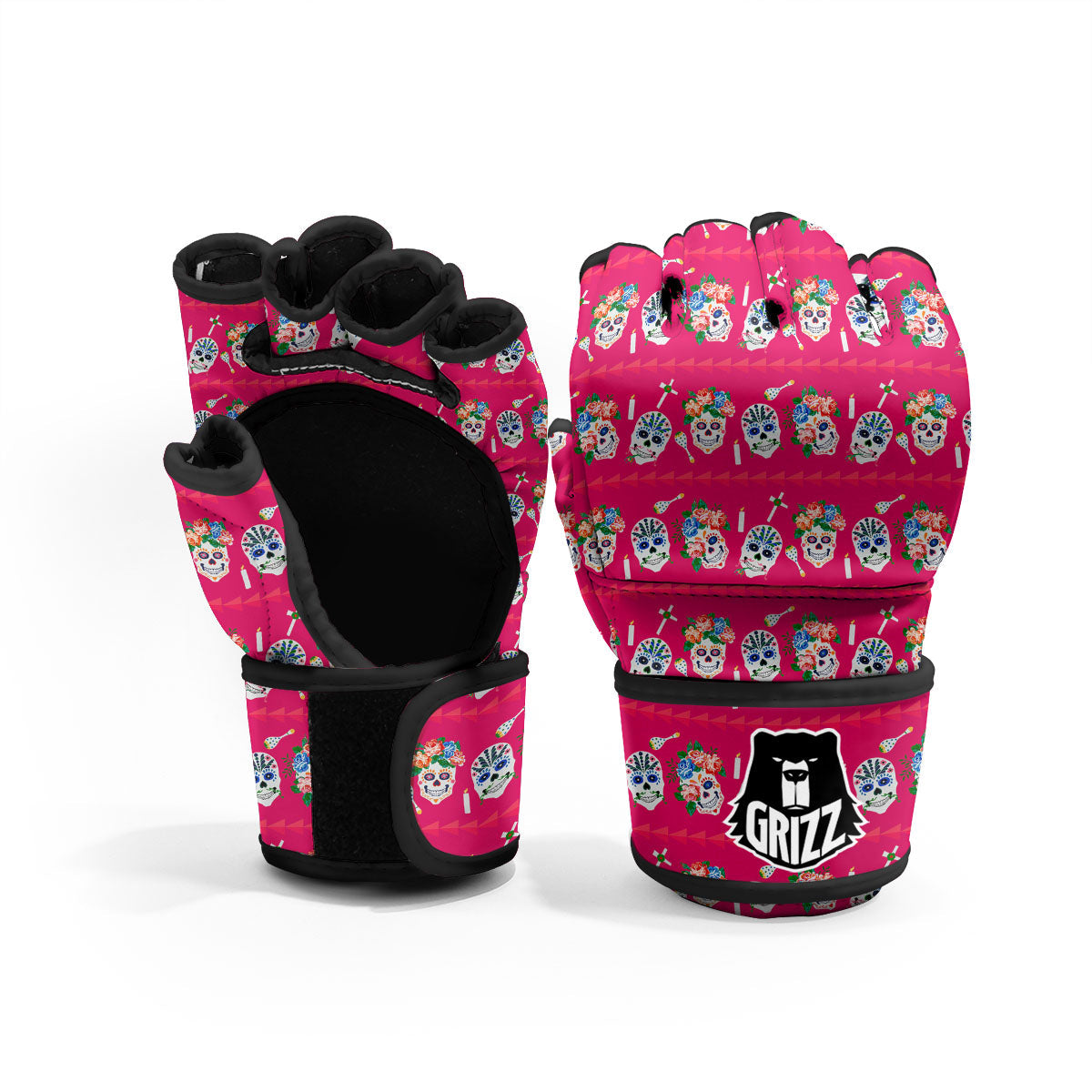 Sugar Skull Pink Print Pattern MMA Gloves-grizzshop