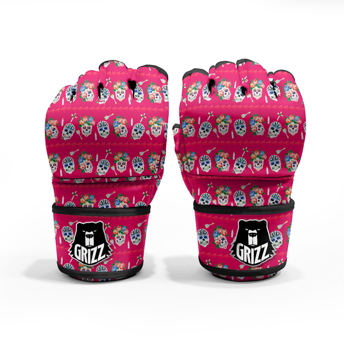 Sugar Skull Pink Print Pattern MMA Gloves-grizzshop