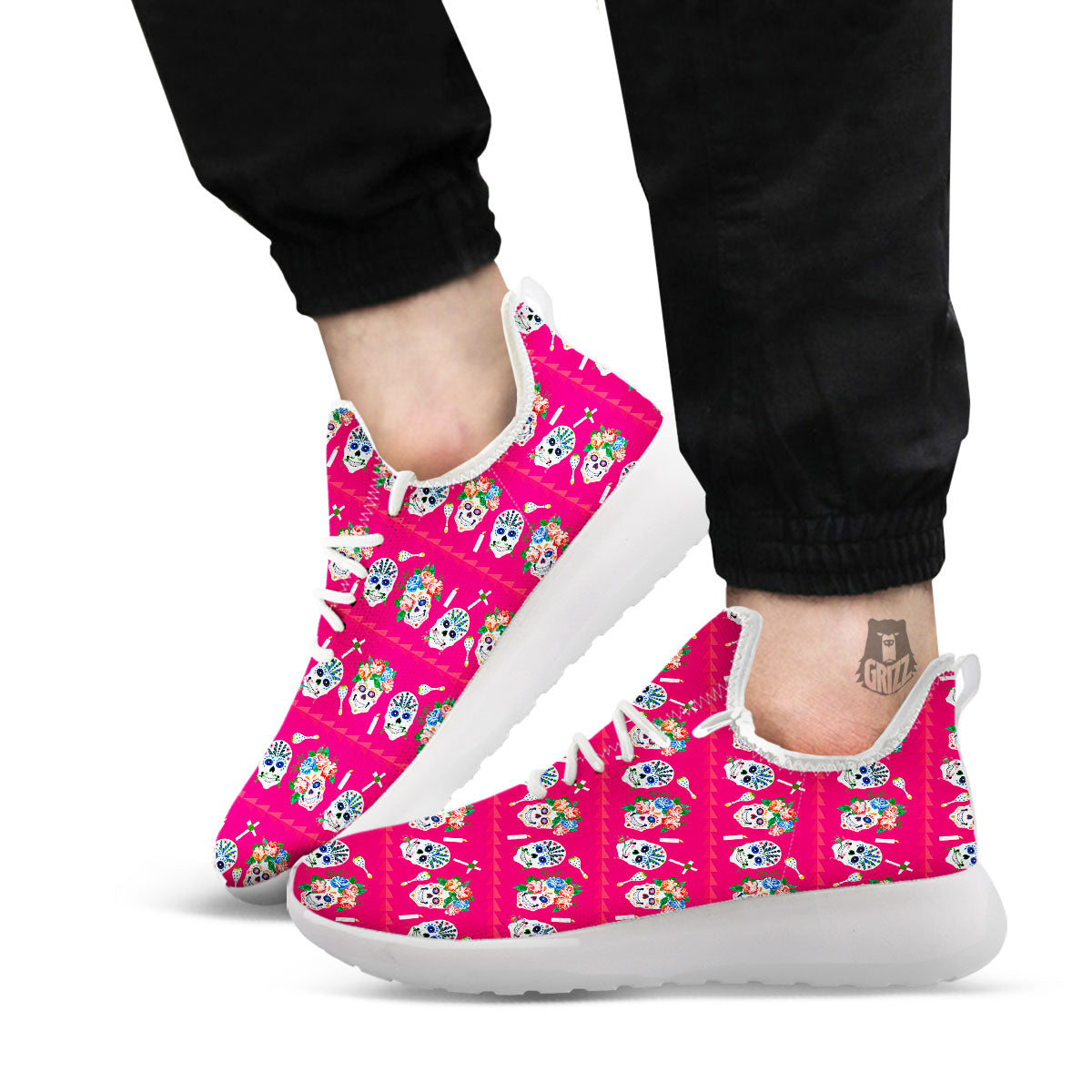 Sugar Skull Pink Print Pattern White Athletic Shoes-grizzshop