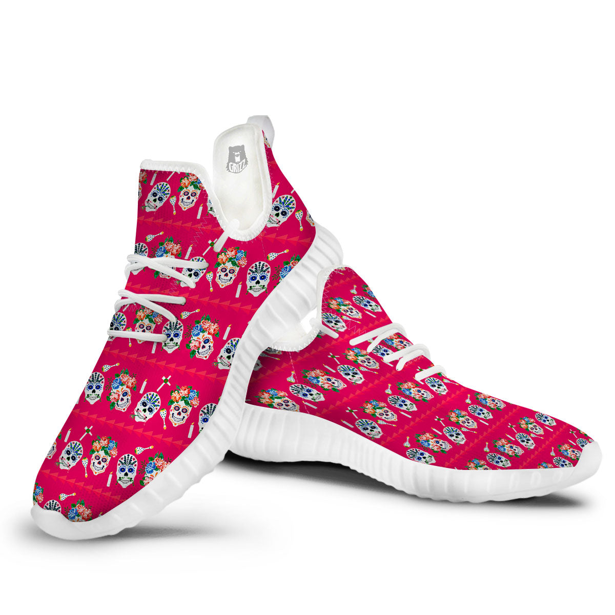 Sugar Skull Pink Print Pattern White Walking Shoes-grizzshop