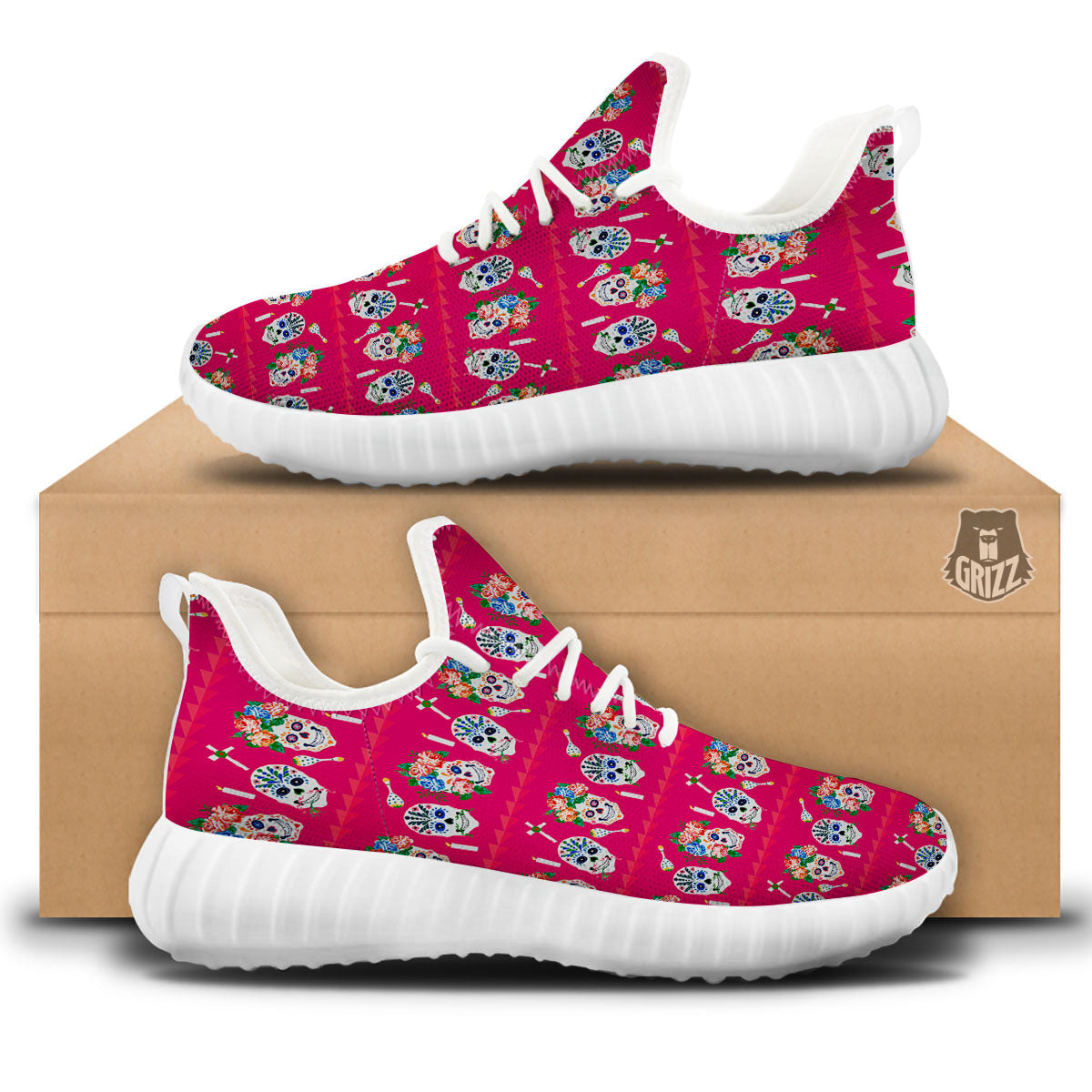 Sugar Skull Pink Print Pattern White Walking Shoes-grizzshop
