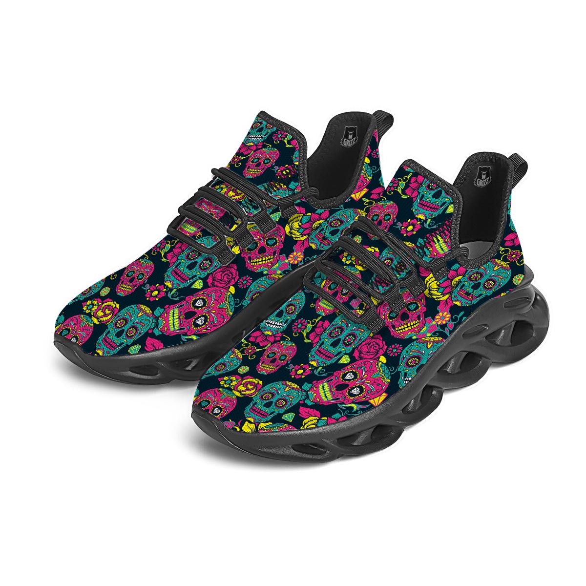 Sugar Skull Print Black Running Shoes-grizzshop