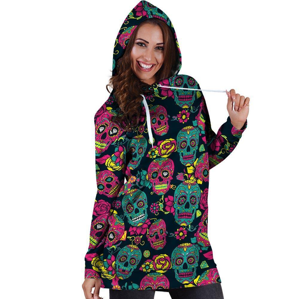 Sugar Skull Print Hoodie Dress-grizzshop