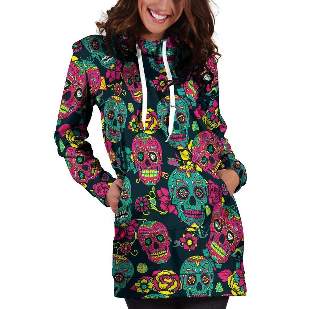 Sugar Skull Print Hoodie Dress-grizzshop