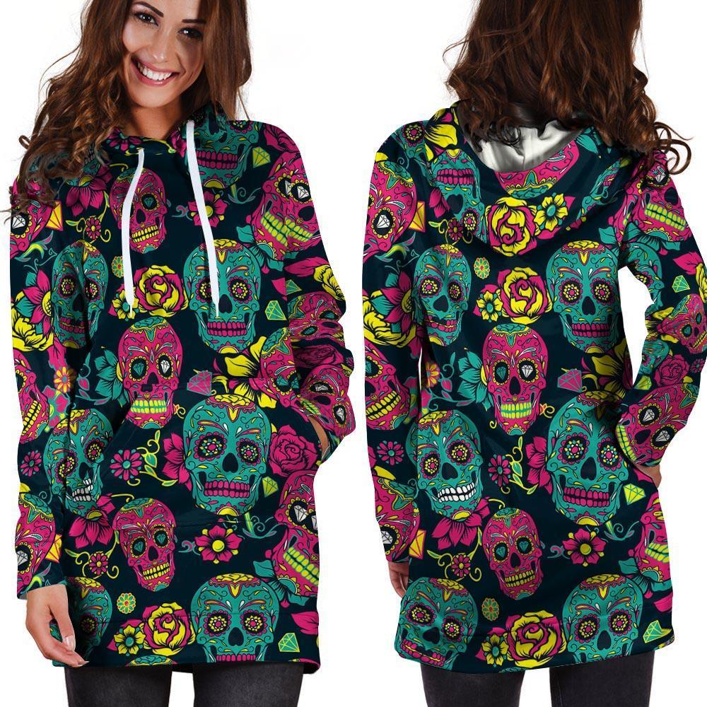 Sugar Skull Print Hoodie Dress-grizzshop