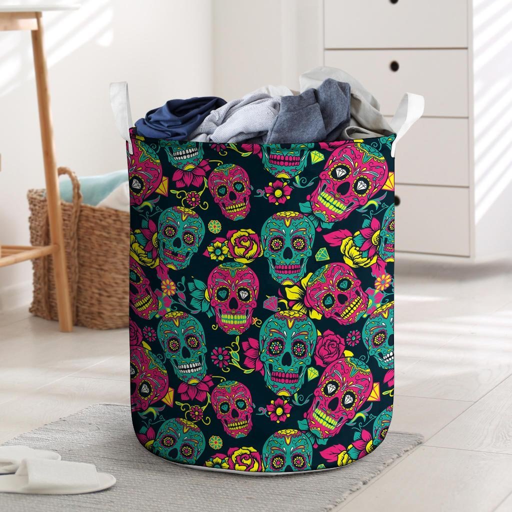 Sugar Skull Print Laundry Basket-grizzshop