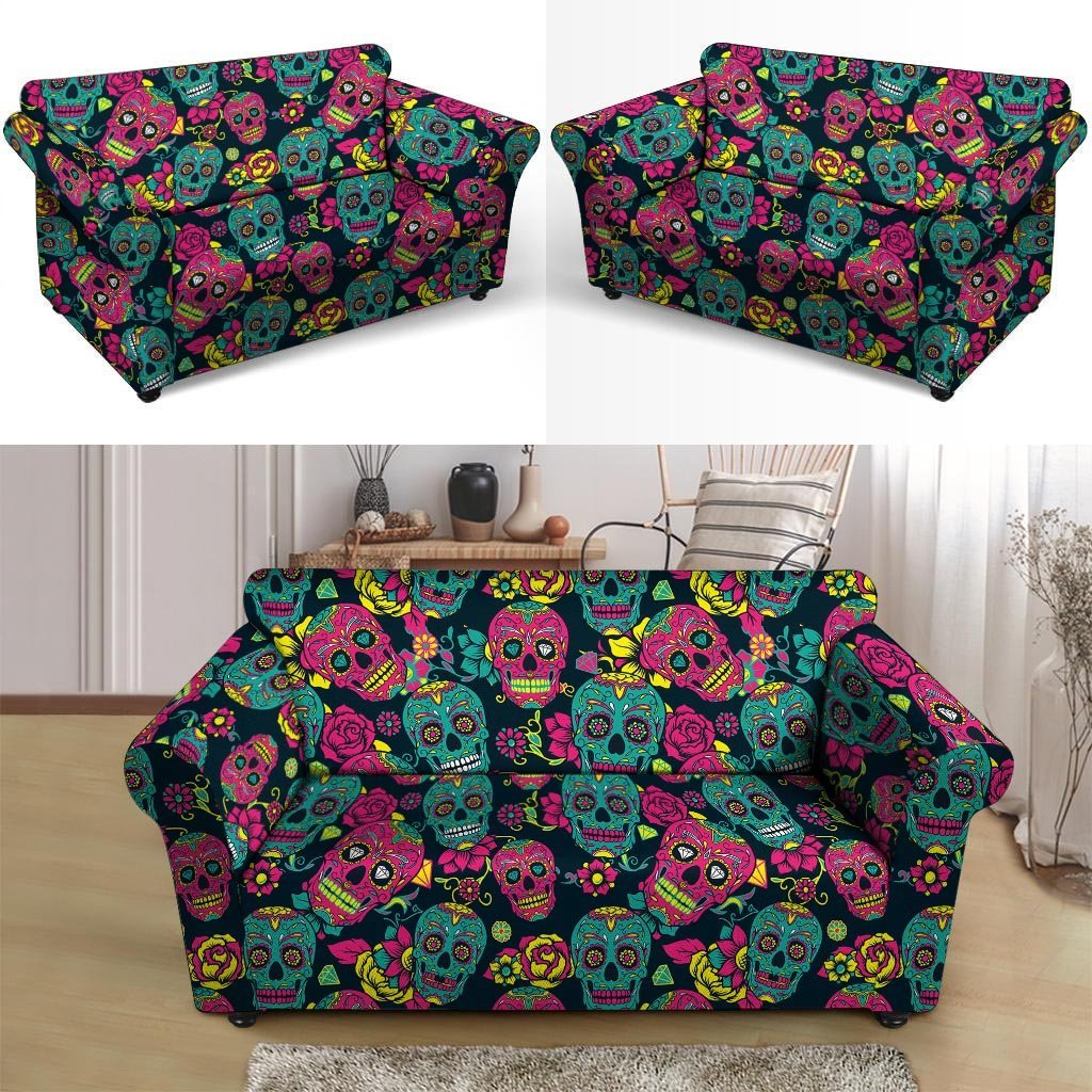 Sugar Skull Print Loveseat Cover-grizzshop