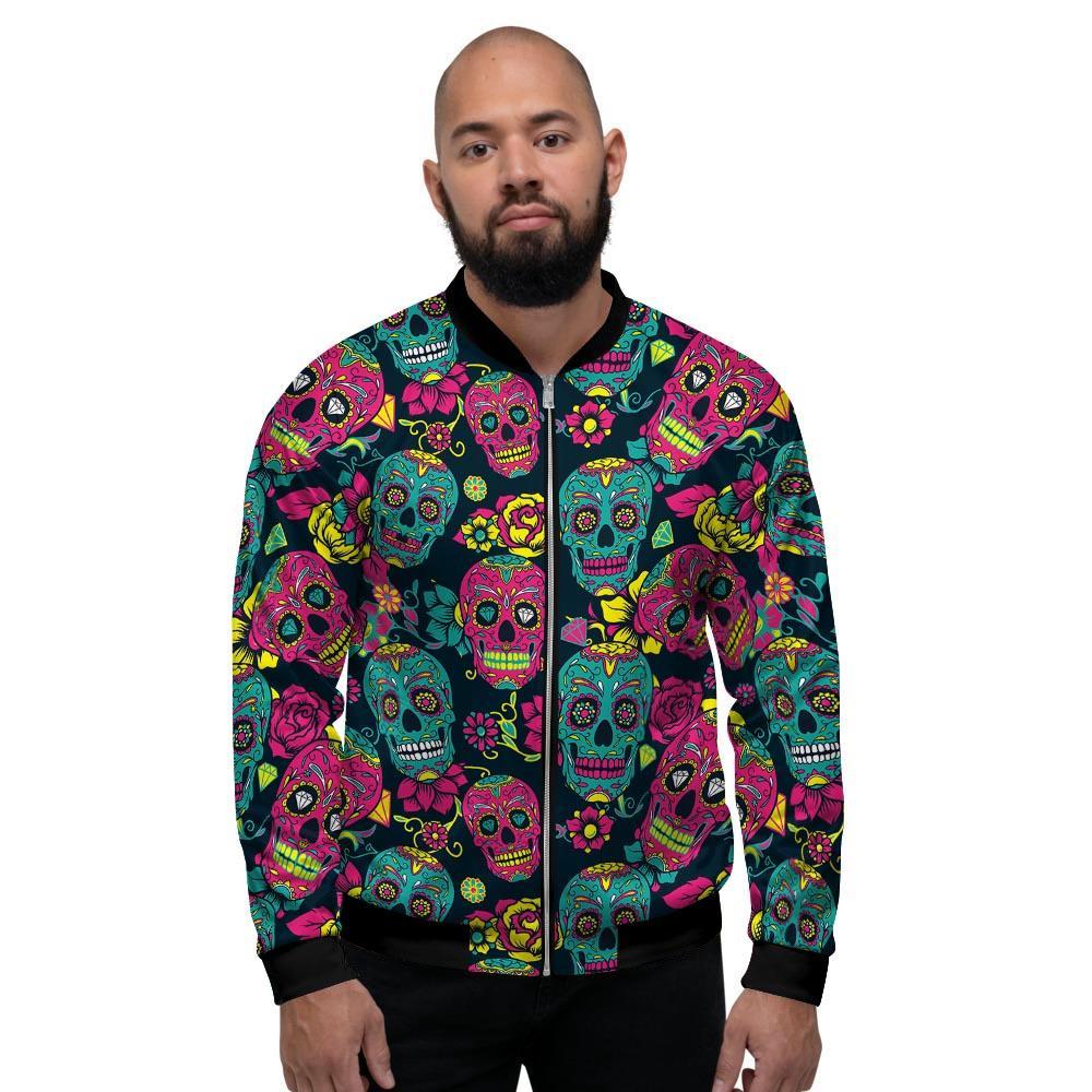 Sugar Skull Print Men's Bomber Jacket-grizzshop