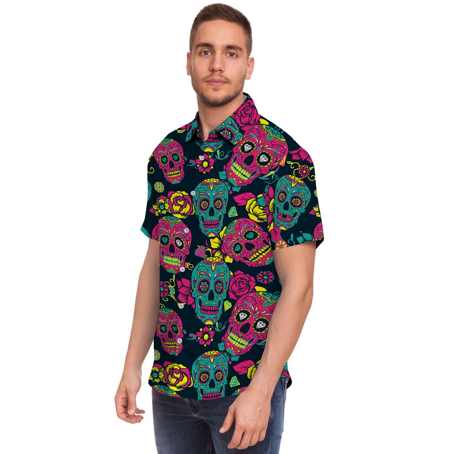 Sugar Skull Print Men's Short Sleeve Shirt-grizzshop