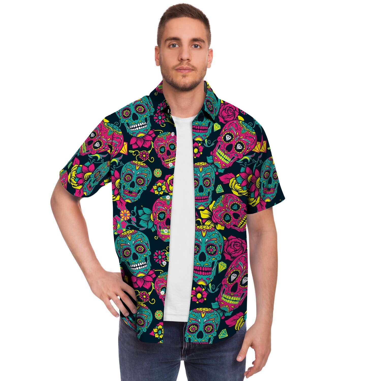 Sugar Skull Print Men's Short Sleeve Shirt-grizzshop