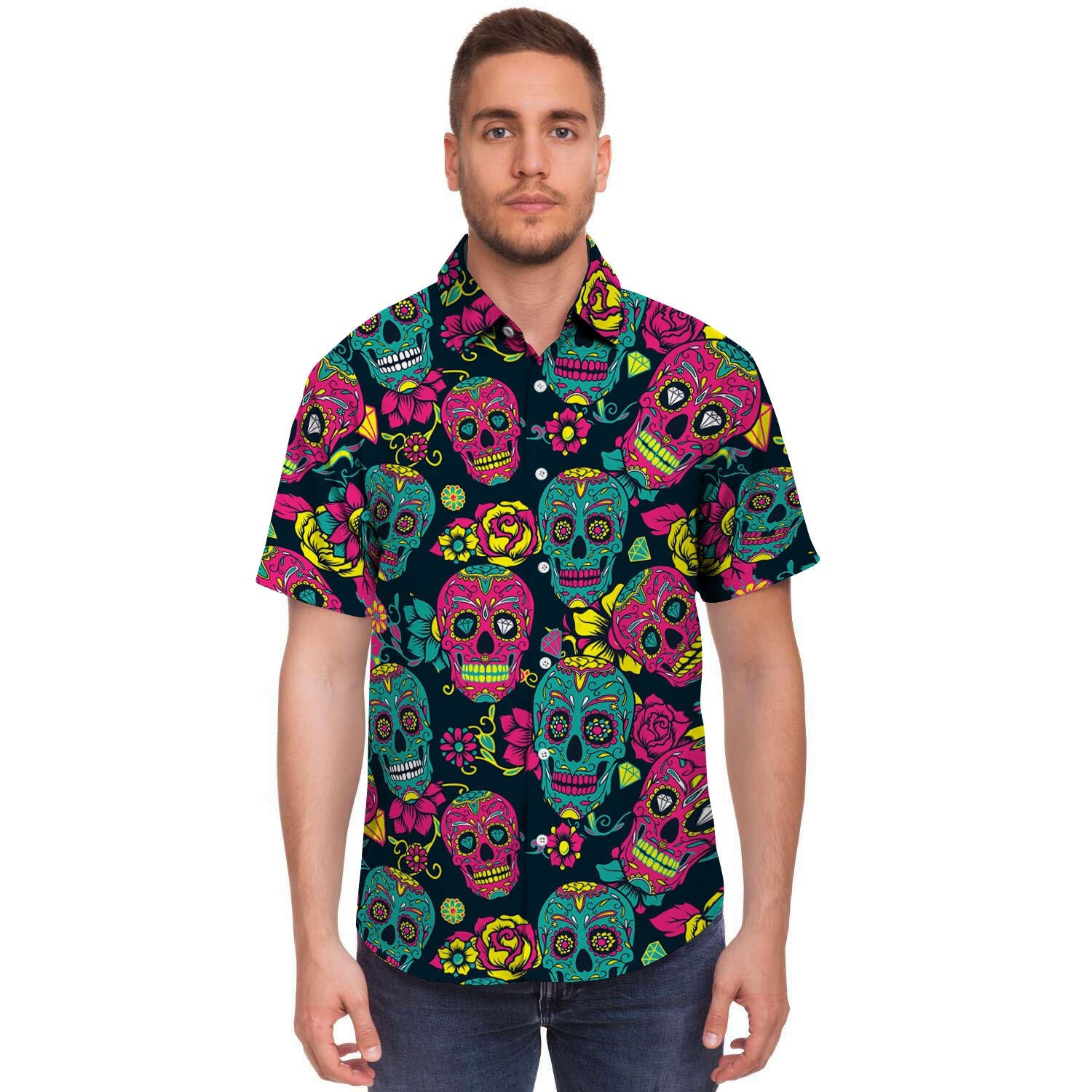 Sugar Skull Print Men's Short Sleeve Shirt-grizzshop