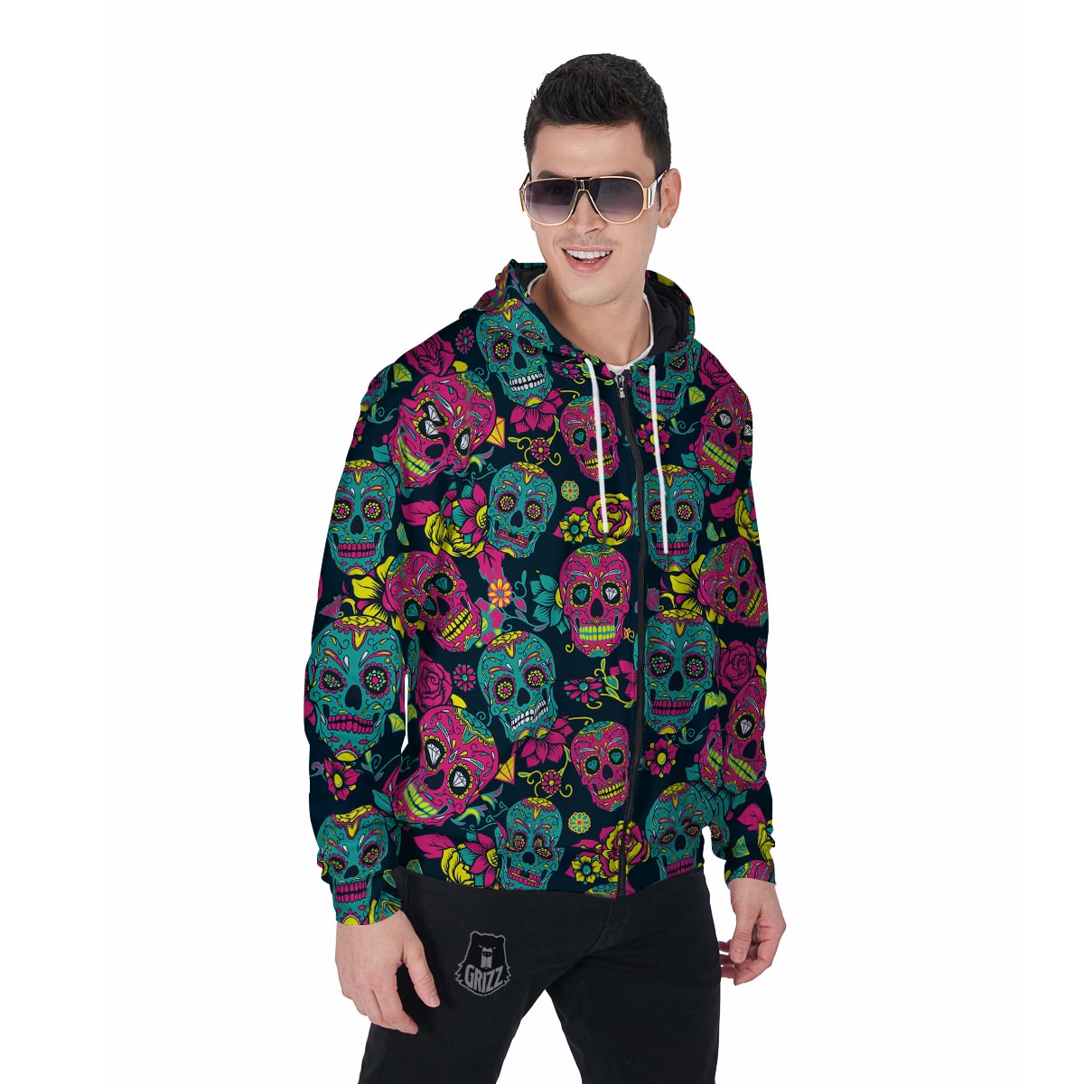 Sugar Skull Print Men's Zip Up Hoodie-grizzshop