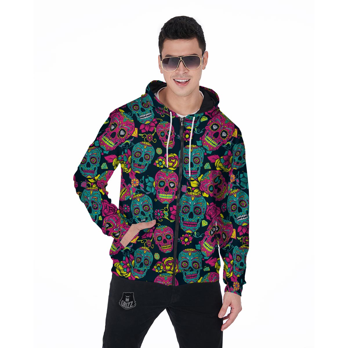 Sugar Skull Print Men's Zip Up Hoodie-grizzshop