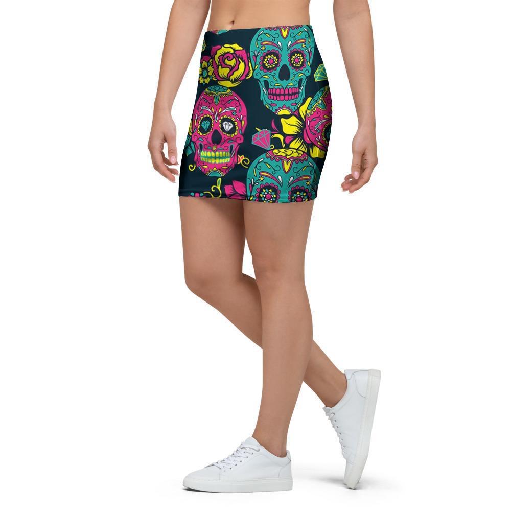 Sugar Skull Print Mini Skirt-grizzshop