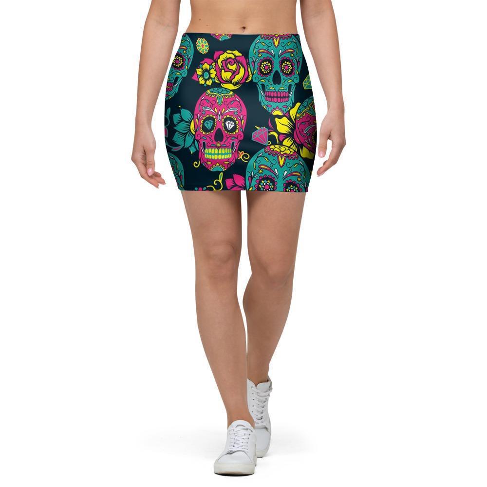 Sugar Skull Print Mini Skirt-grizzshop