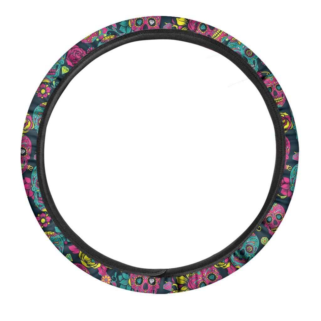 Sugar Skull Print Steering Wheel Cover-grizzshop