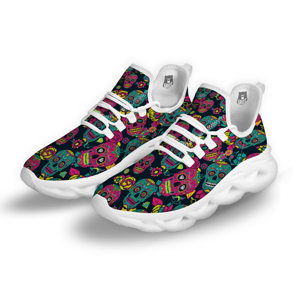 Sugar Skull Print White Running Shoes-grizzshop