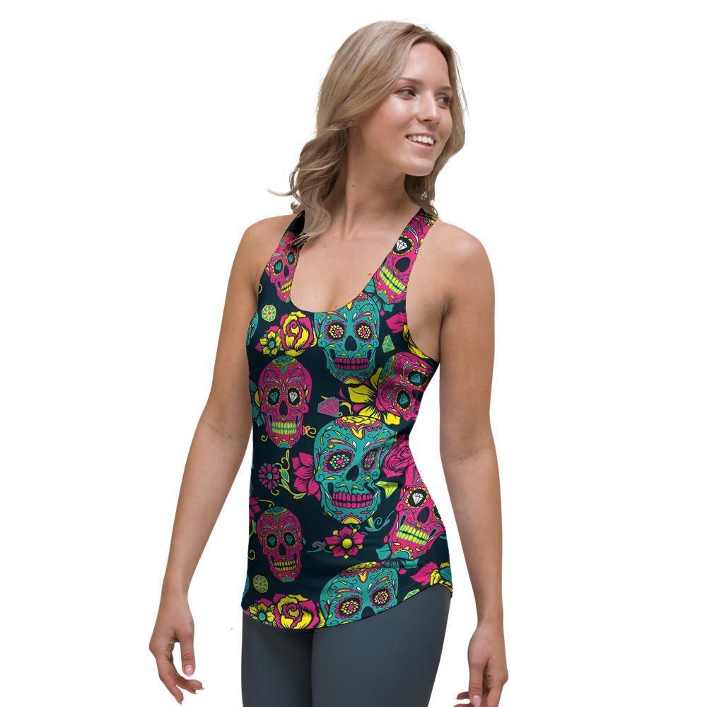 Sugar Skull Print Women's Racerback Tank Top-grizzshop
