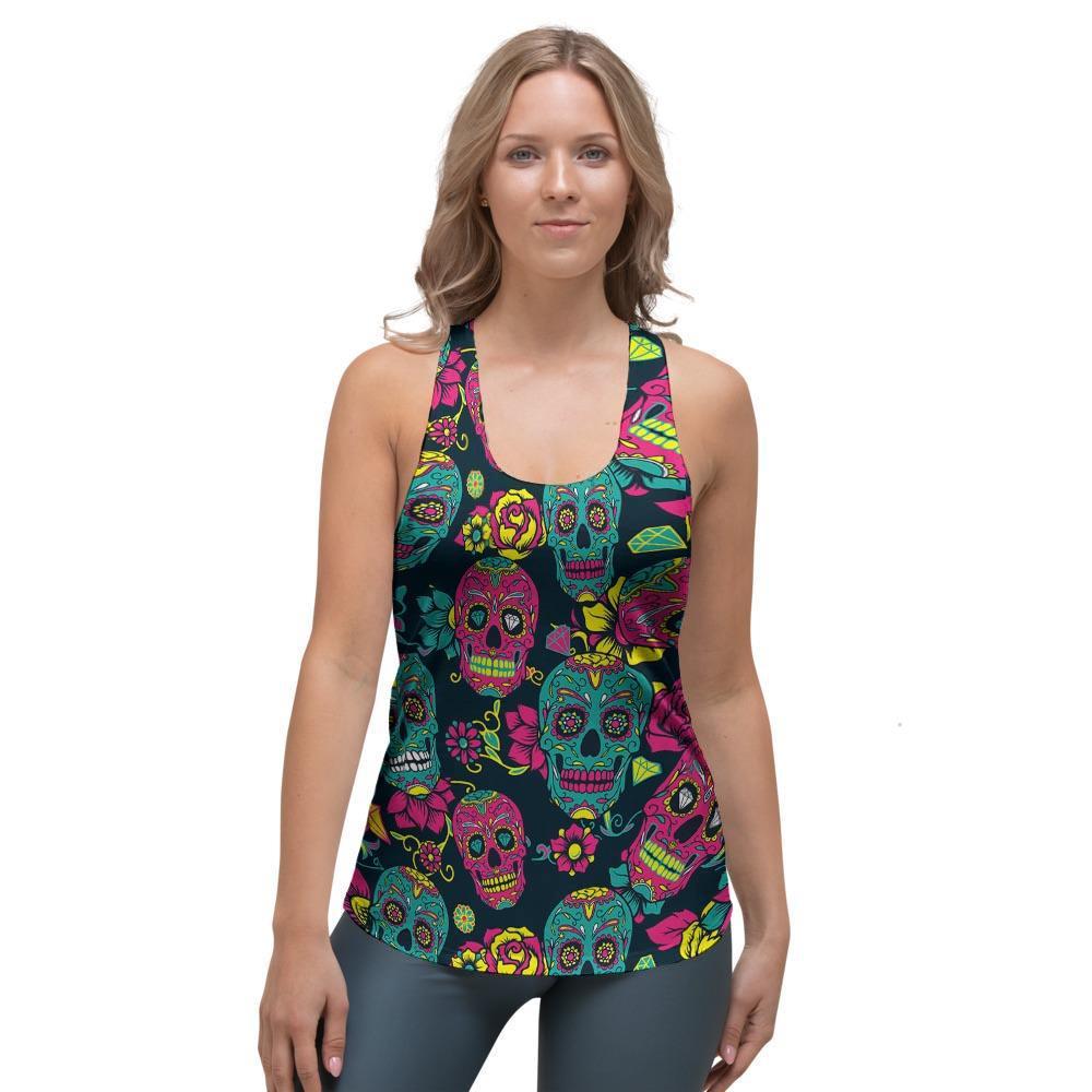 Sugar Skull Print Women's Racerback Tank Top-grizzshop