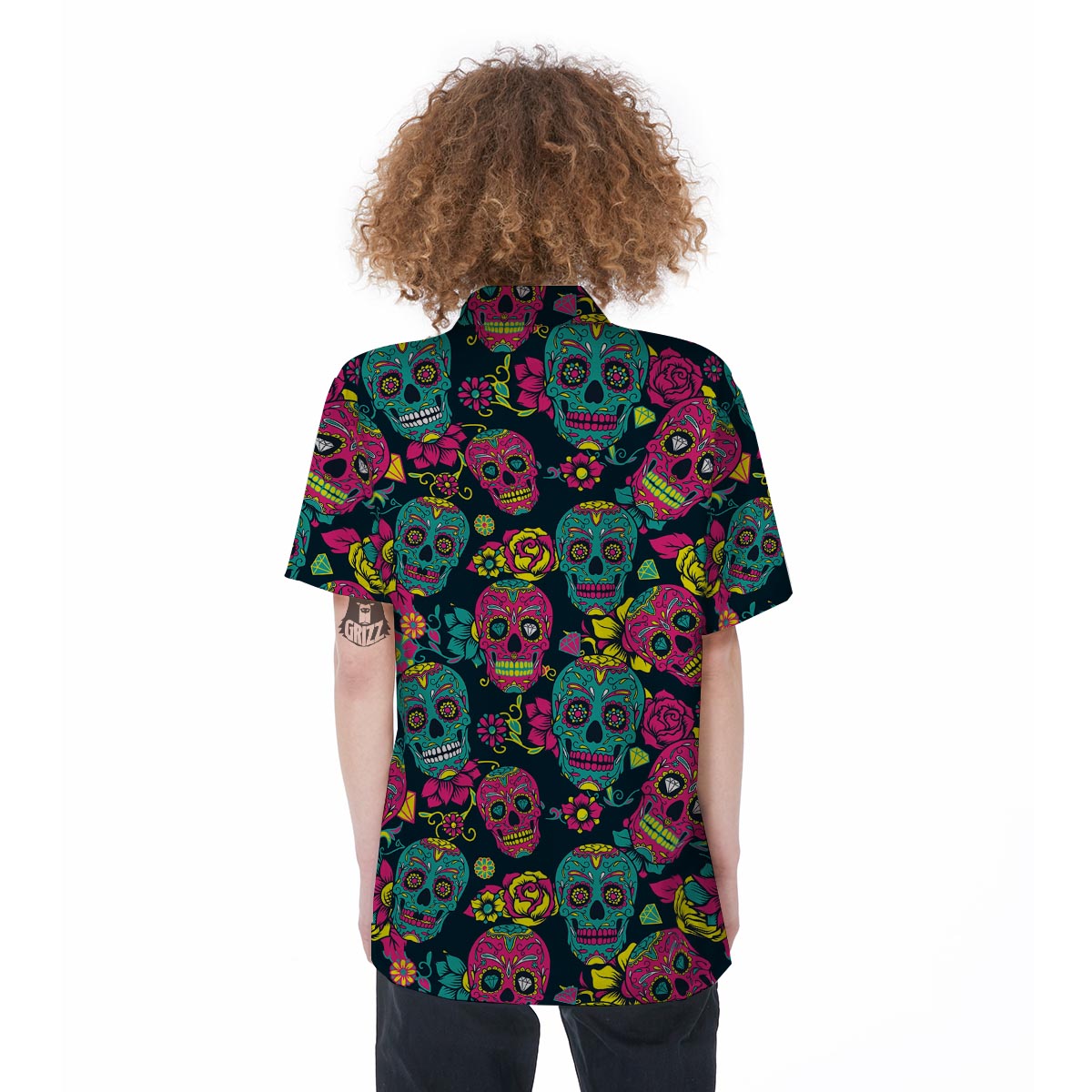 Sugar Skull Print Women's Short Sleeve Shirts-grizzshop