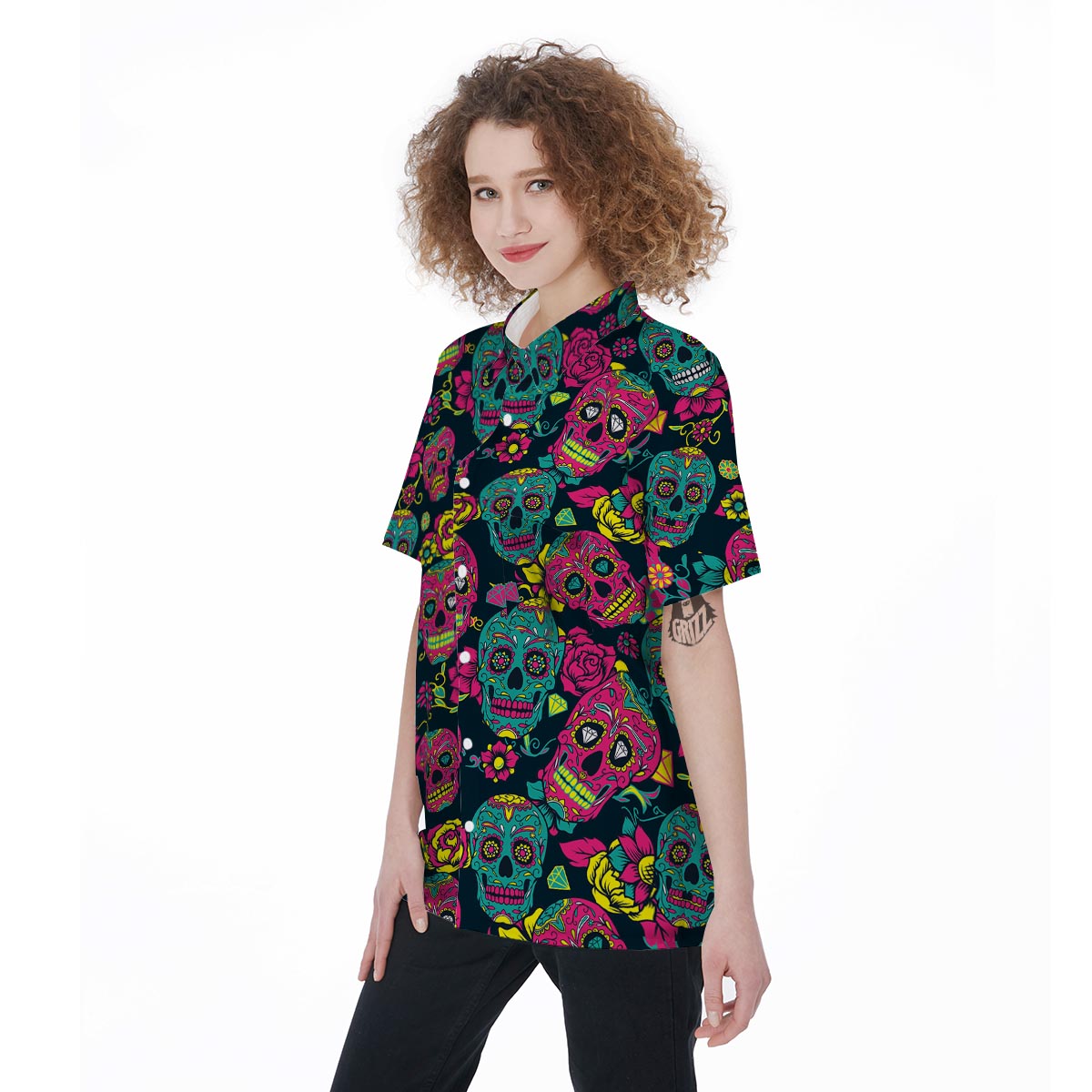Sugar Skull Print Women's Short Sleeve Shirts-grizzshop