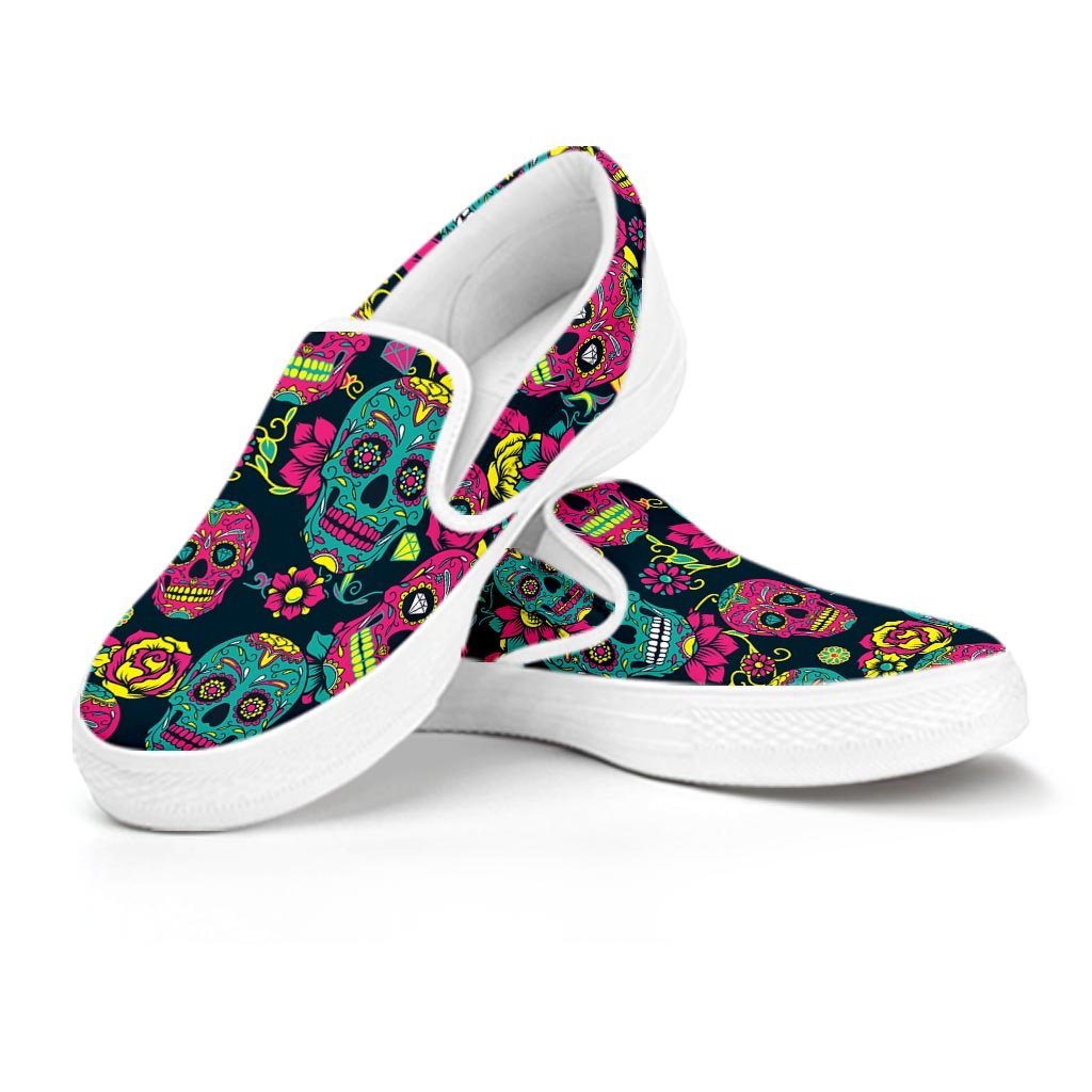 Sugar Skull Print Women's Slip On Sneakers-grizzshop