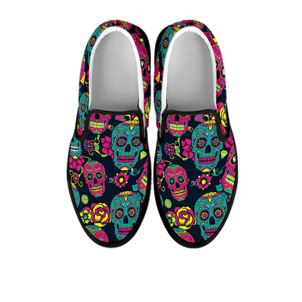 Sugar Skull Print Women's Slip On Sneakers-grizzshop