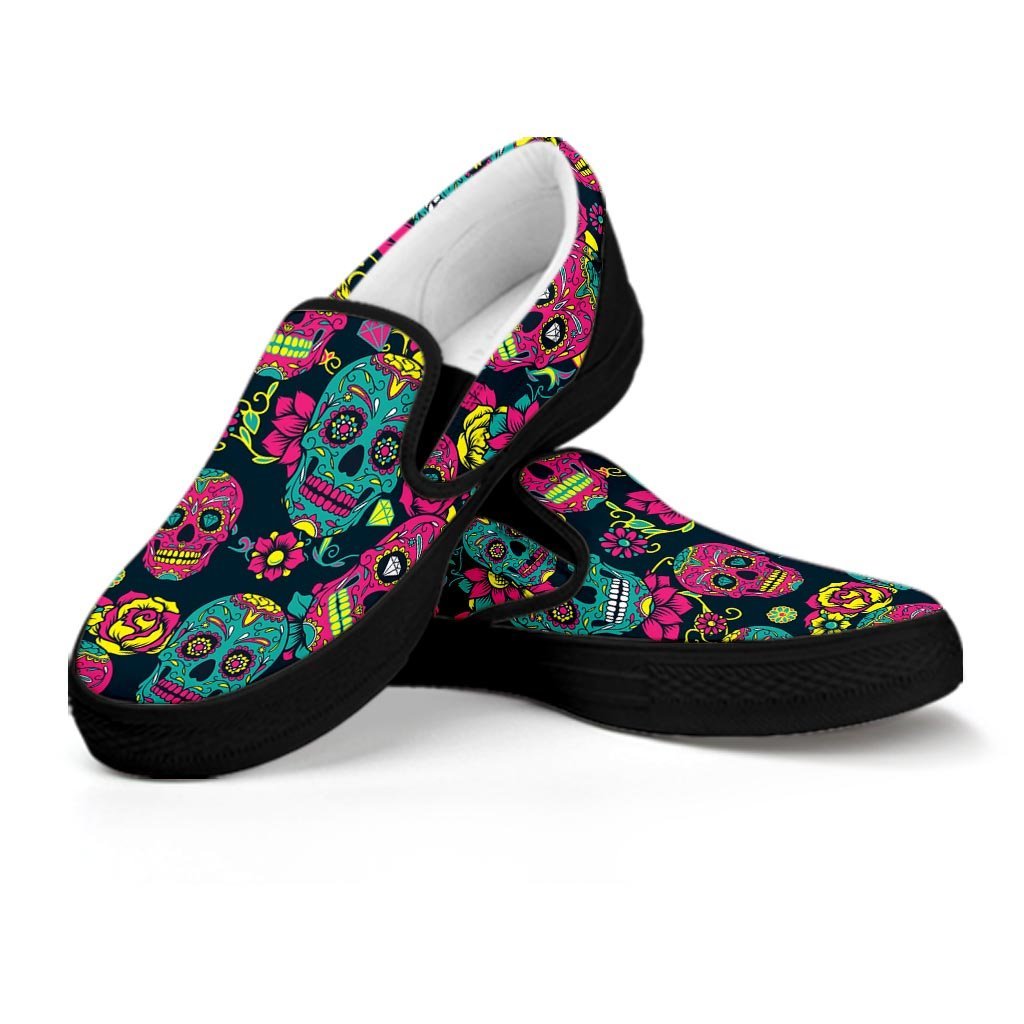 Sugar Skull Print Women's Slip On Sneakers-grizzshop
