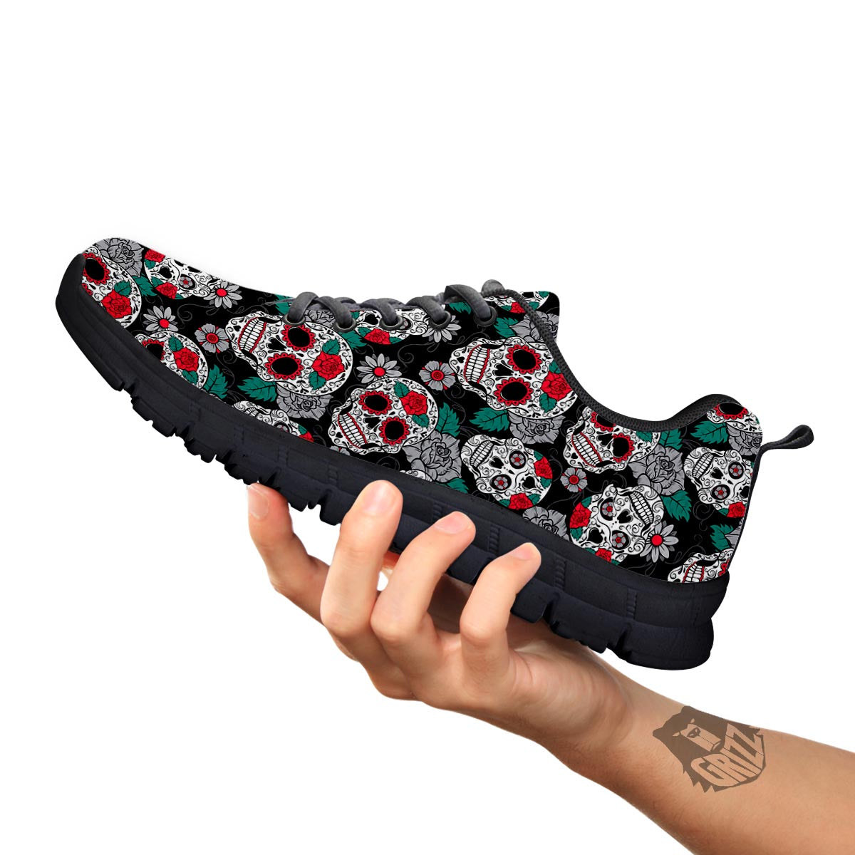 Sugar Skull Rose Floral Print Pattern Black Sneaker-grizzshop