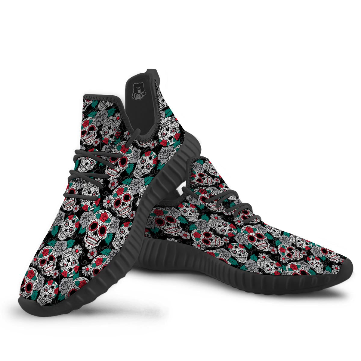 Sugar Skull Rose Floral Print Pattern Black Walking Shoes-grizzshop