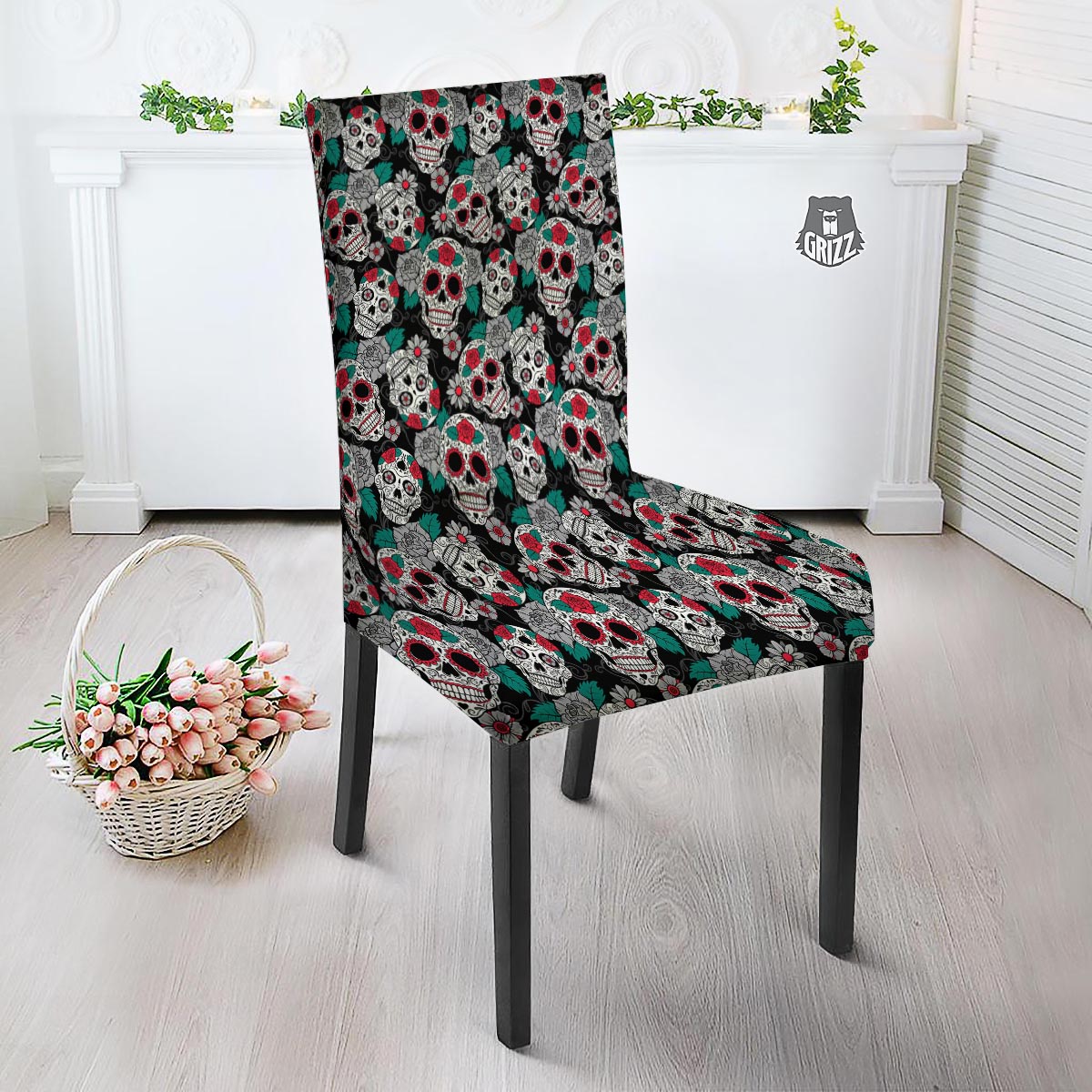 Sugar Skull Rose Floral Print Pattern Dining Chair Slipcover-grizzshop