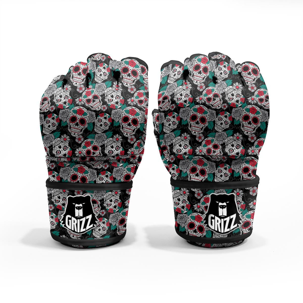 Sugar Skull Rose Floral Print Pattern MMA Gloves-grizzshop