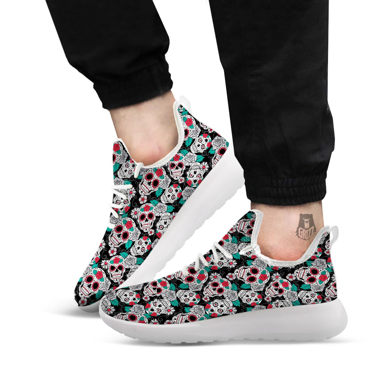 Sugar Skull Rose Floral Print Pattern White Athletic Shoes-grizzshop